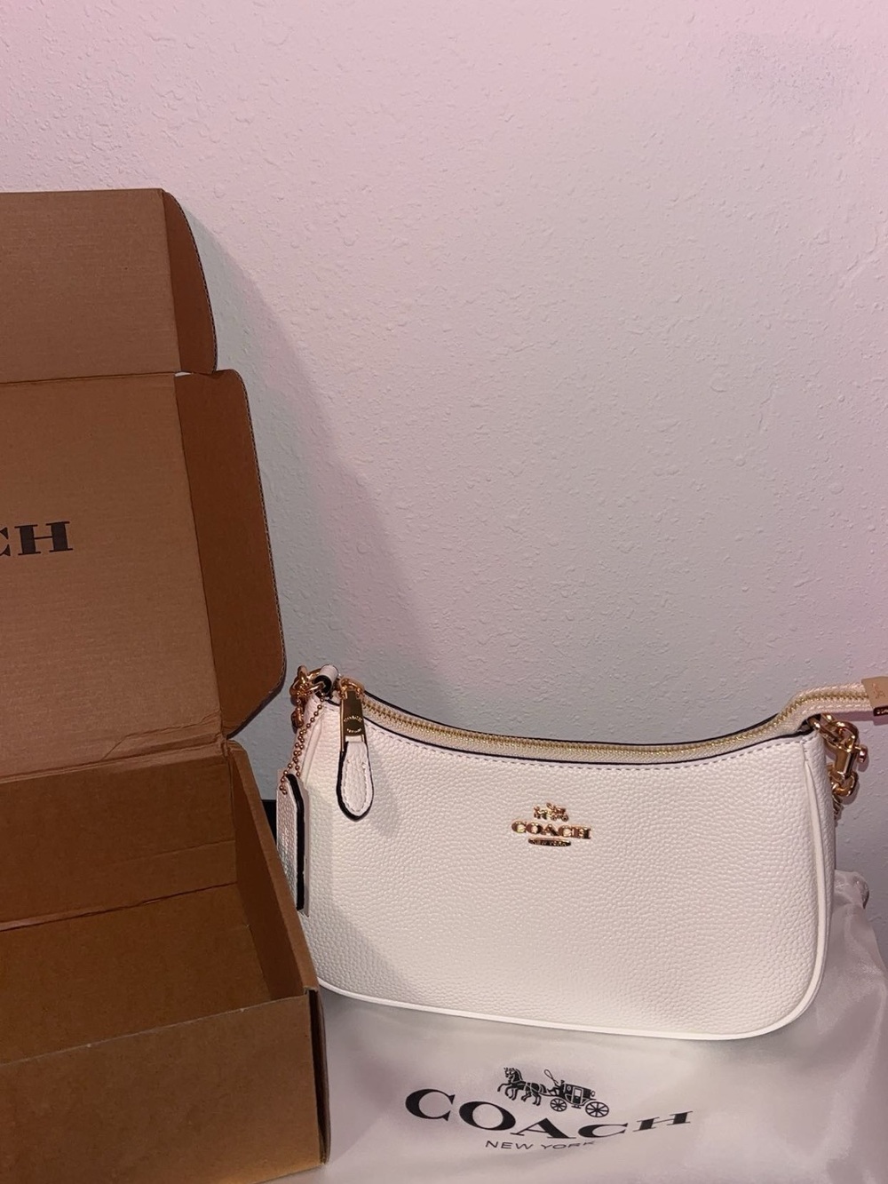 Coach White Pebbled Leather Shoulder Bag with Gold Hardware